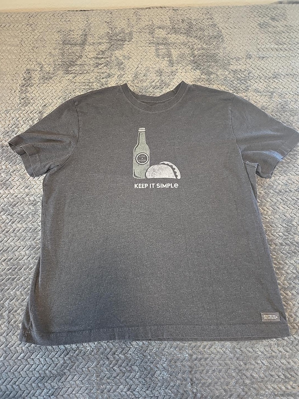 Life is Good Men's XL Crusher Tee Keep It Simple Beer Taco Graphic Shirt Gray